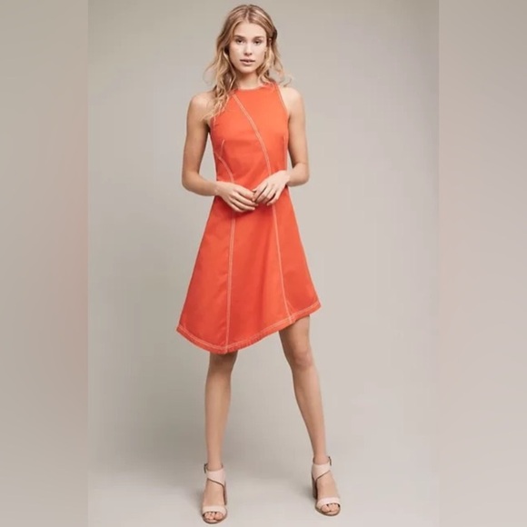 NWT Maeve Anthropologie Sleeveless Asymmetrical Shift Dress Orange Linen Blend - Picture 2 of 11